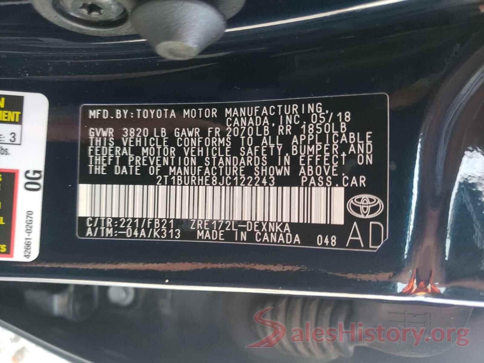 2T1BURHE8JC122243 2018 TOYOTA COROLLA