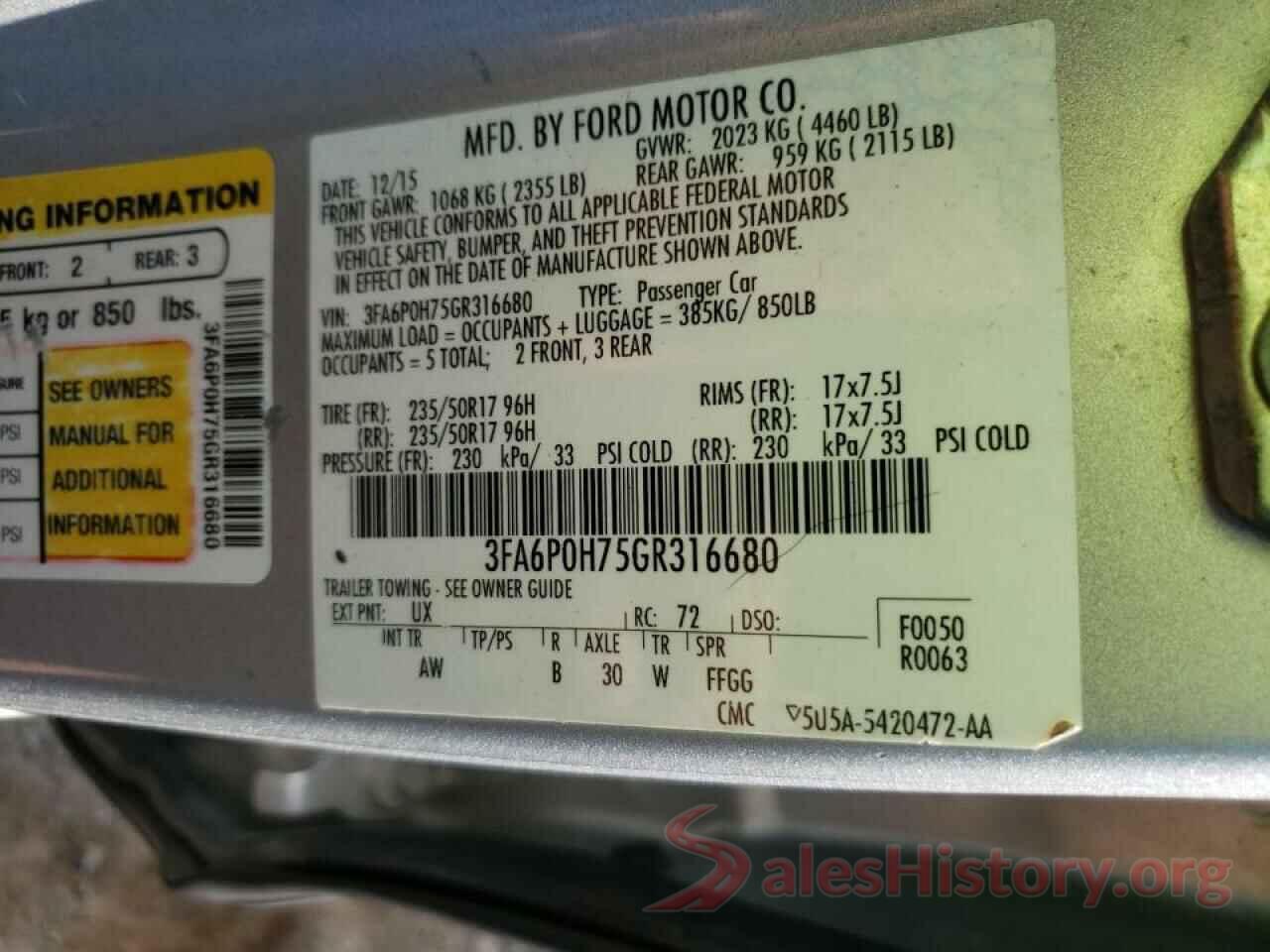 3FA6P0H75GR316680 2016 FORD FUSION