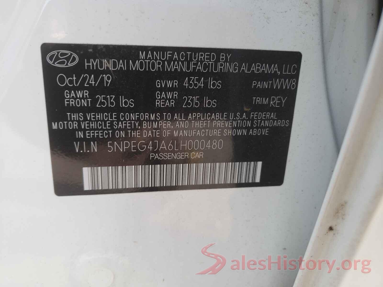 5NPEG4JA6LH000480 2020 HYUNDAI SONATA