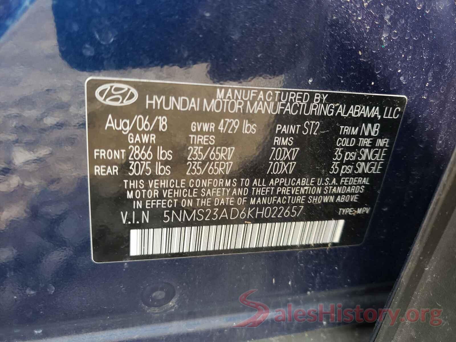 5NMS23AD6KH022657 2019 HYUNDAI SANTA FE