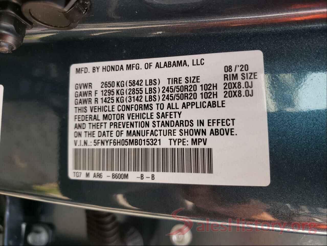 5FNYF6H05MB015321 2021 HONDA PILOT