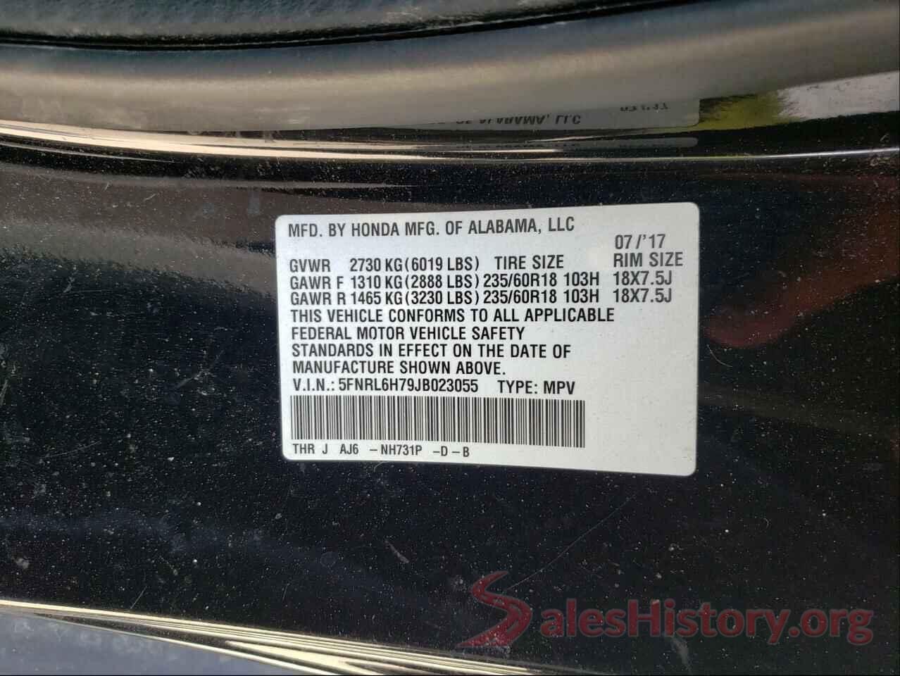 5FNRL6H79JB023055 2018 HONDA ODYSSEY