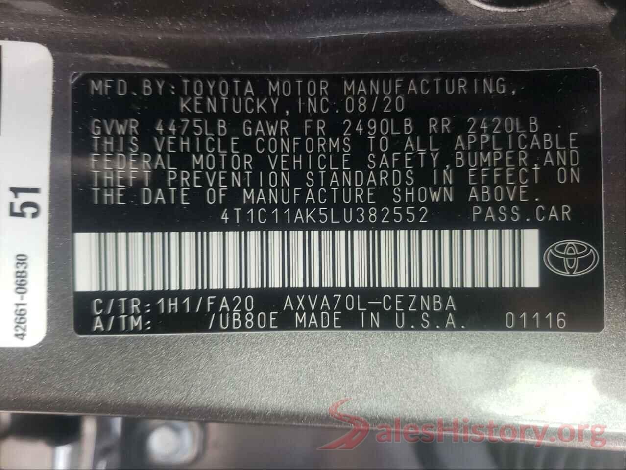 4T1C11AK5LU382552 2020 TOYOTA CAMRY