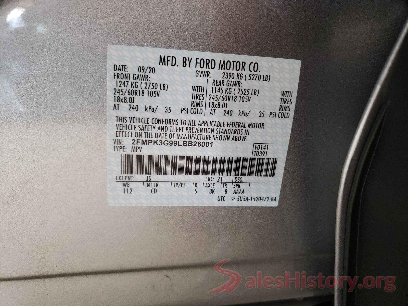 2FMPK3G99LBB26001 2020 FORD EDGE