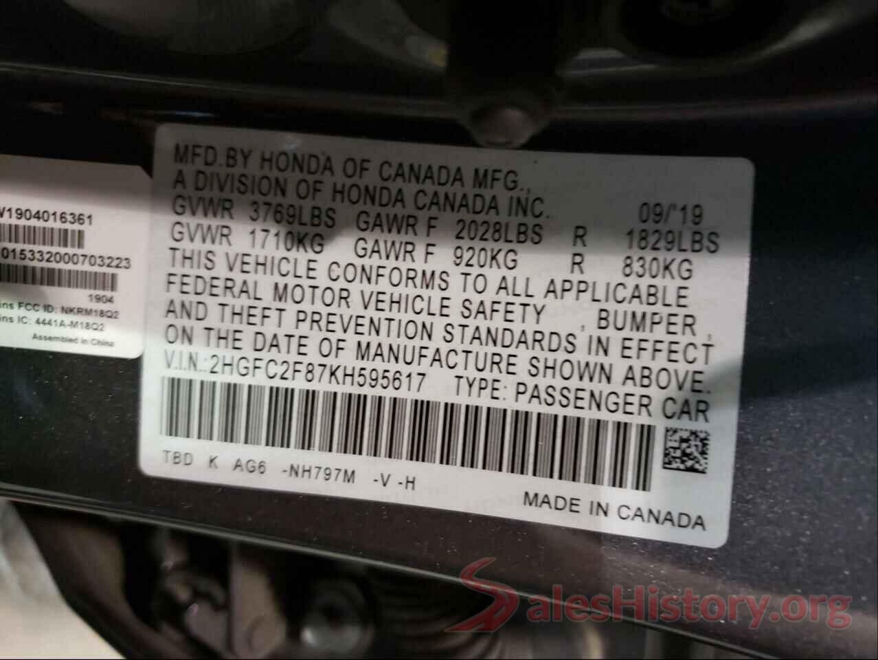 2HGFC2F87KH595617 2019 HONDA CIVIC