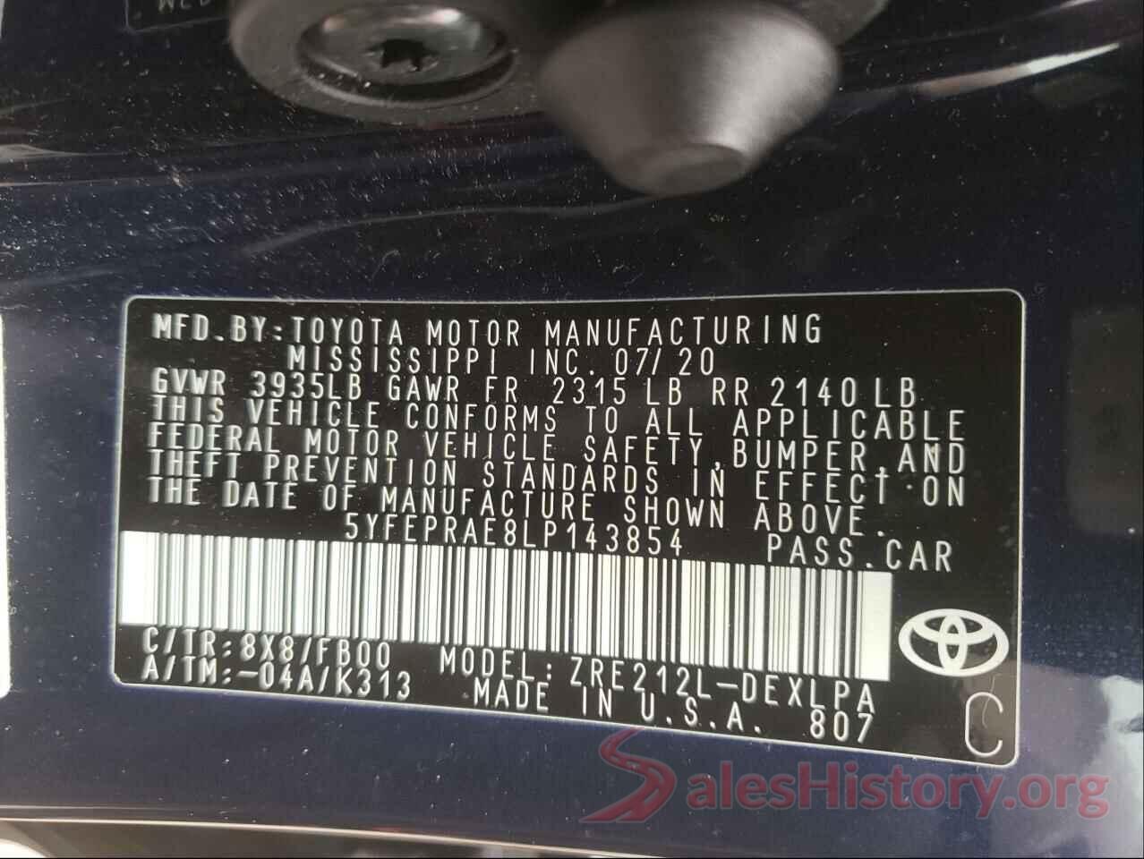 5YFEPRAE8LP143854 2020 TOYOTA COROLLA