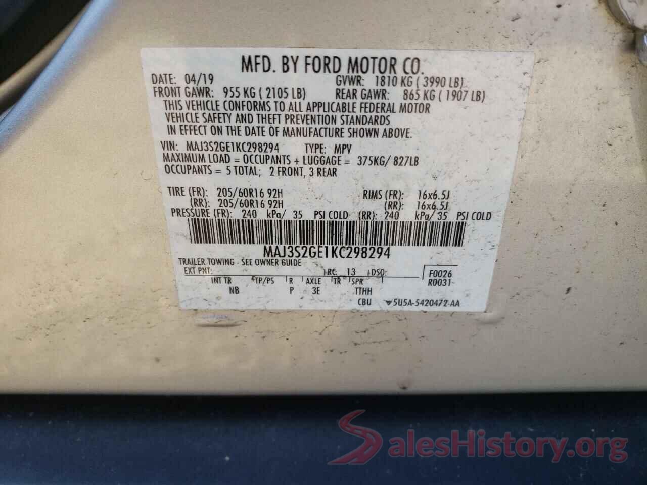 MAJ3S2GE1KC298294 2019 FORD ECOSPORT