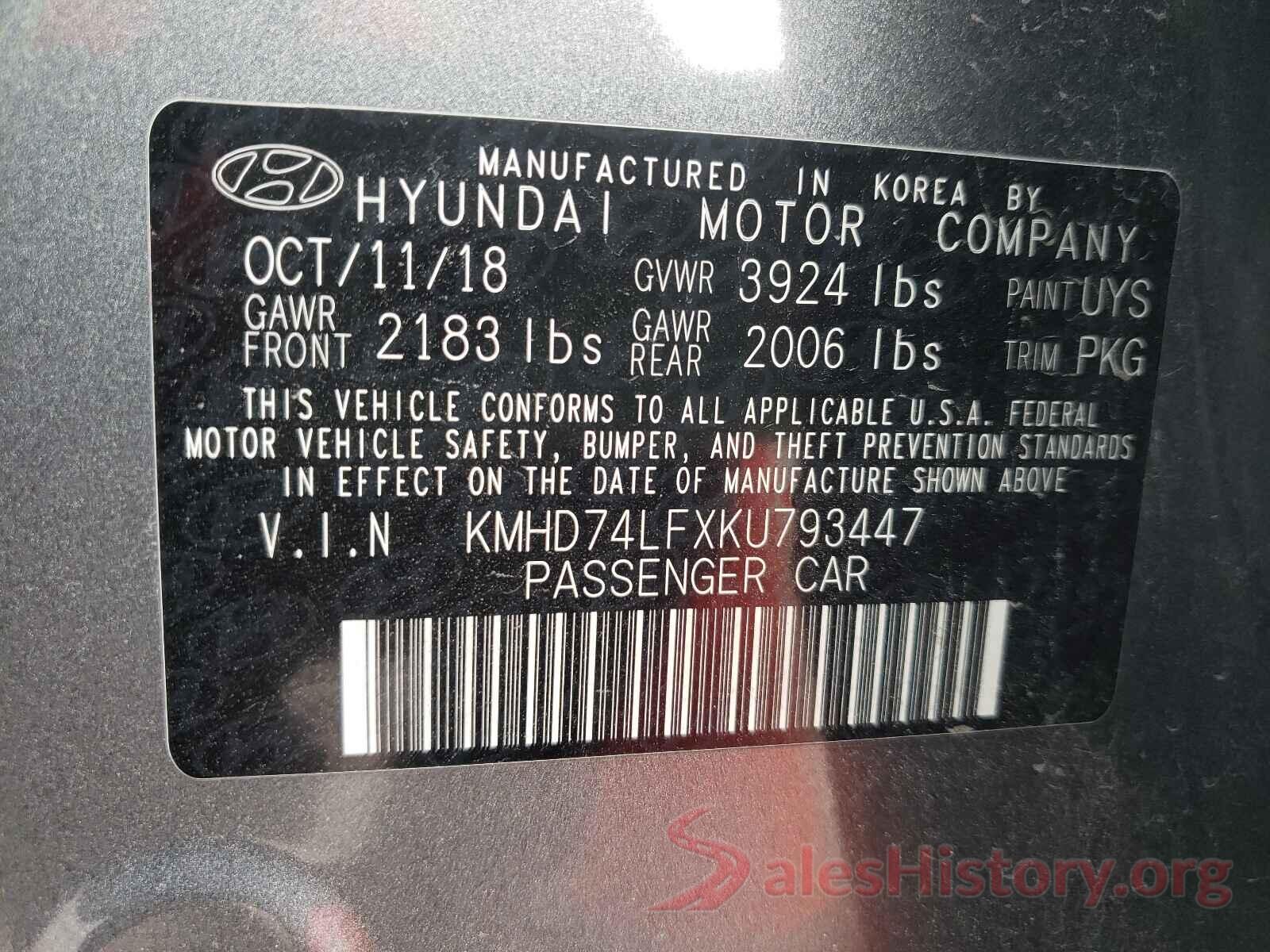 KMHD74LFXKU793447 2019 HYUNDAI ELANTRA