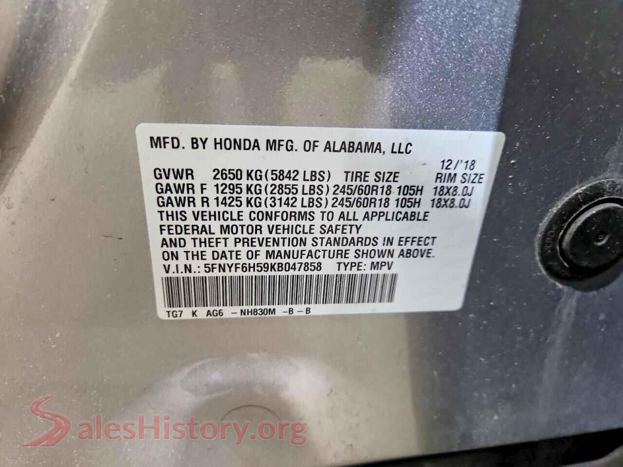 2019 HONDA PILOT VIN 5FNYF6H59KB047858, trunk area