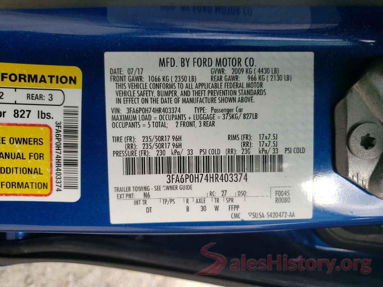 3FA6P0H74HR403374 2017 FORD FUSION