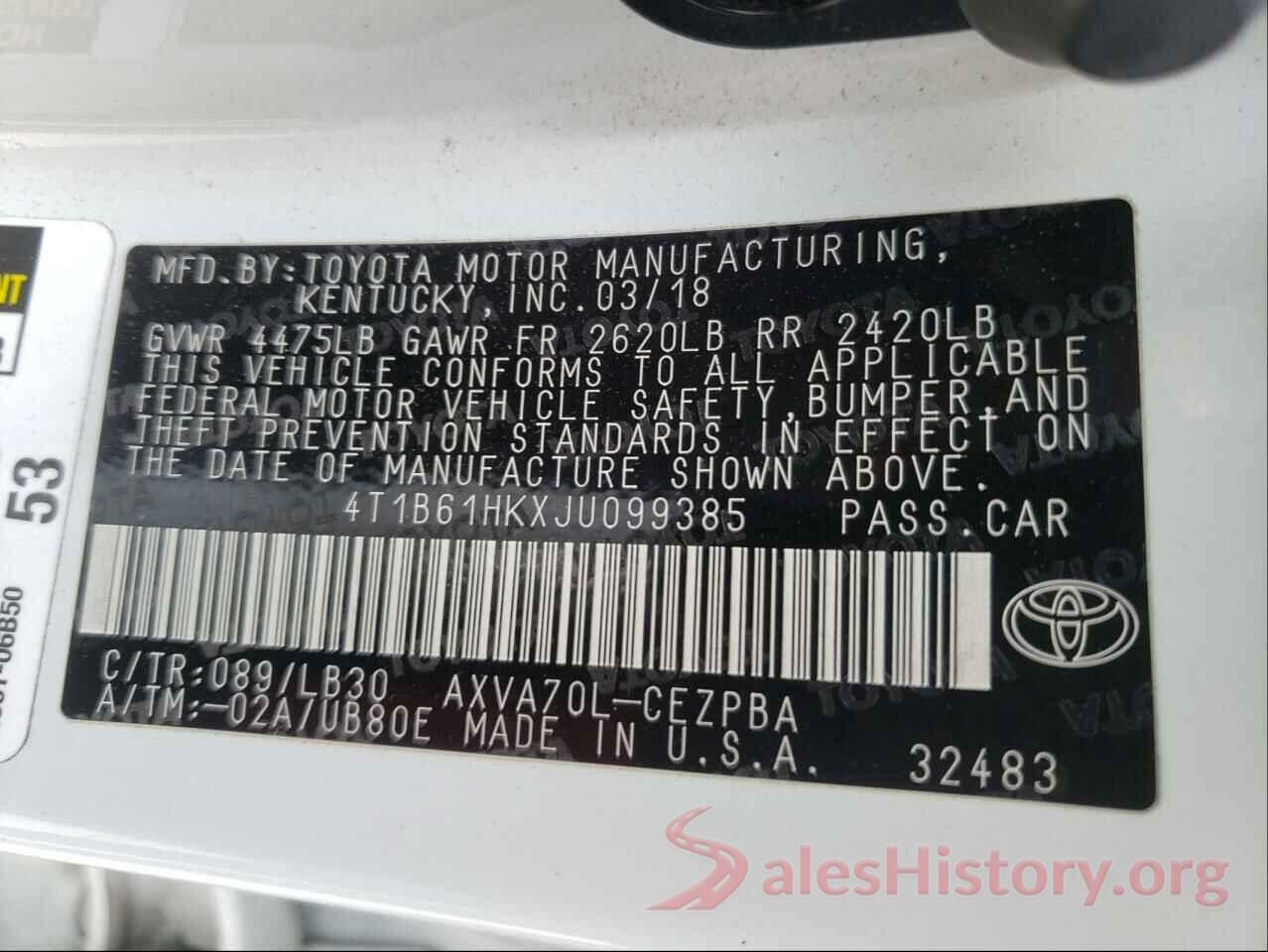 4T1B61HKXJU099385 2018 TOYOTA CAMRY