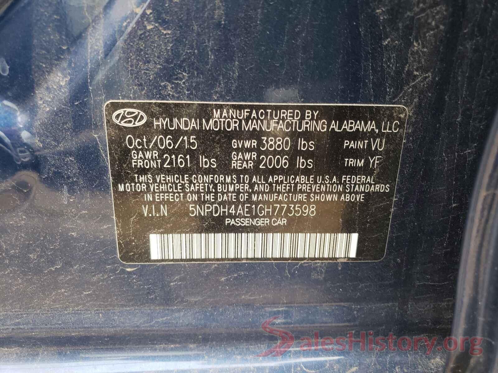 5NPDH4AE1GH773598 2016 HYUNDAI ELANTRA