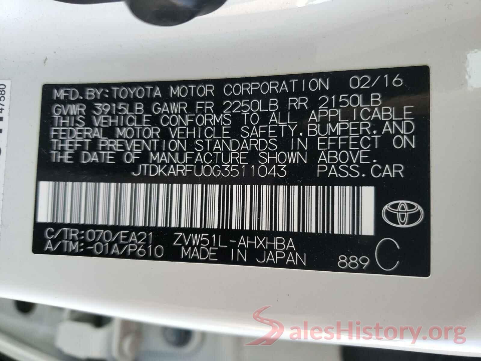 JTDKARFU0G3511043 2016 TOYOTA PRIUS