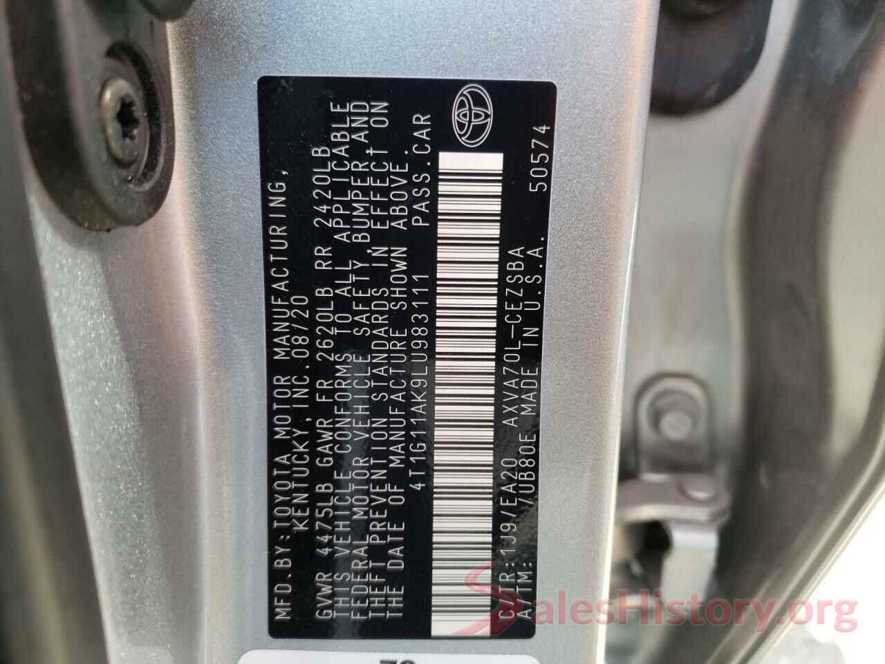 4T1G11AK9LU983111 2020 TOYOTA CAMRY