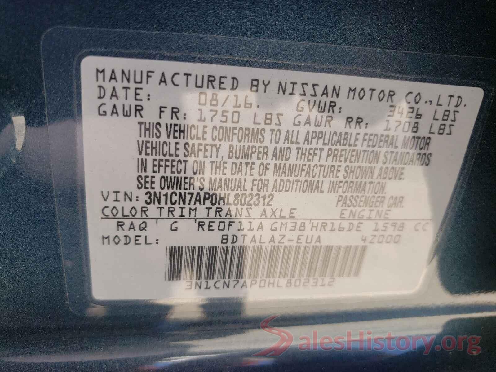 3N1CN7AP0HL802312 2017 NISSAN VERSA