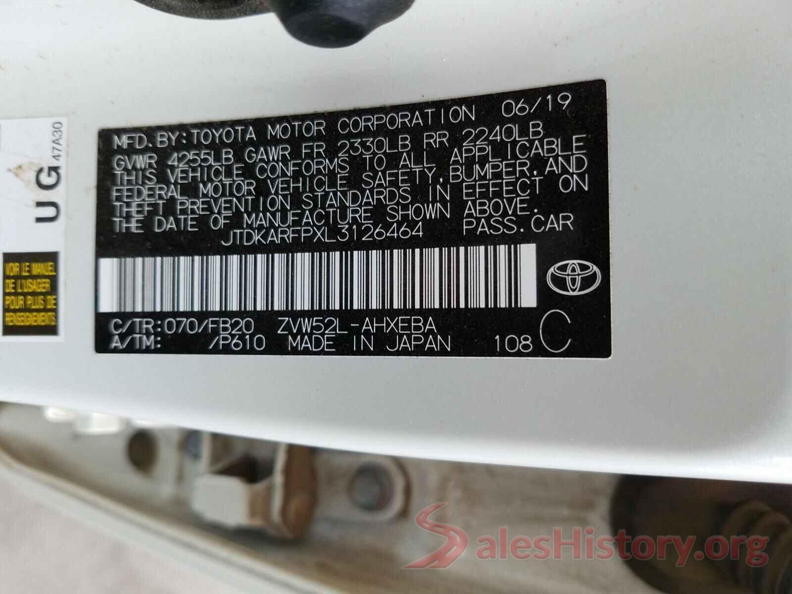 JTDKARFPXL3126464 2020 TOYOTA PRIUS