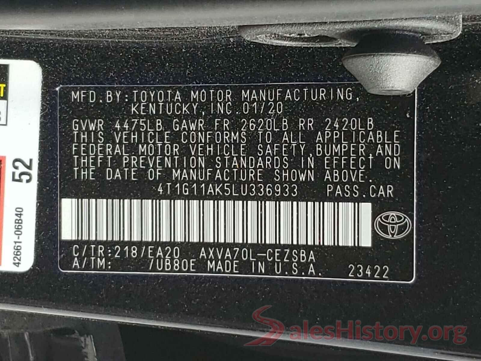 4T1G11AK5LU336933 2020 TOYOTA CAMRY