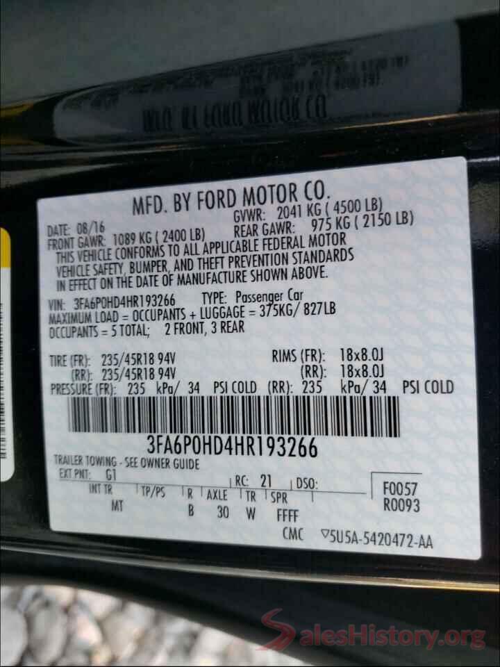 3FA6P0HD4HR193266 2017 FORD FUSION