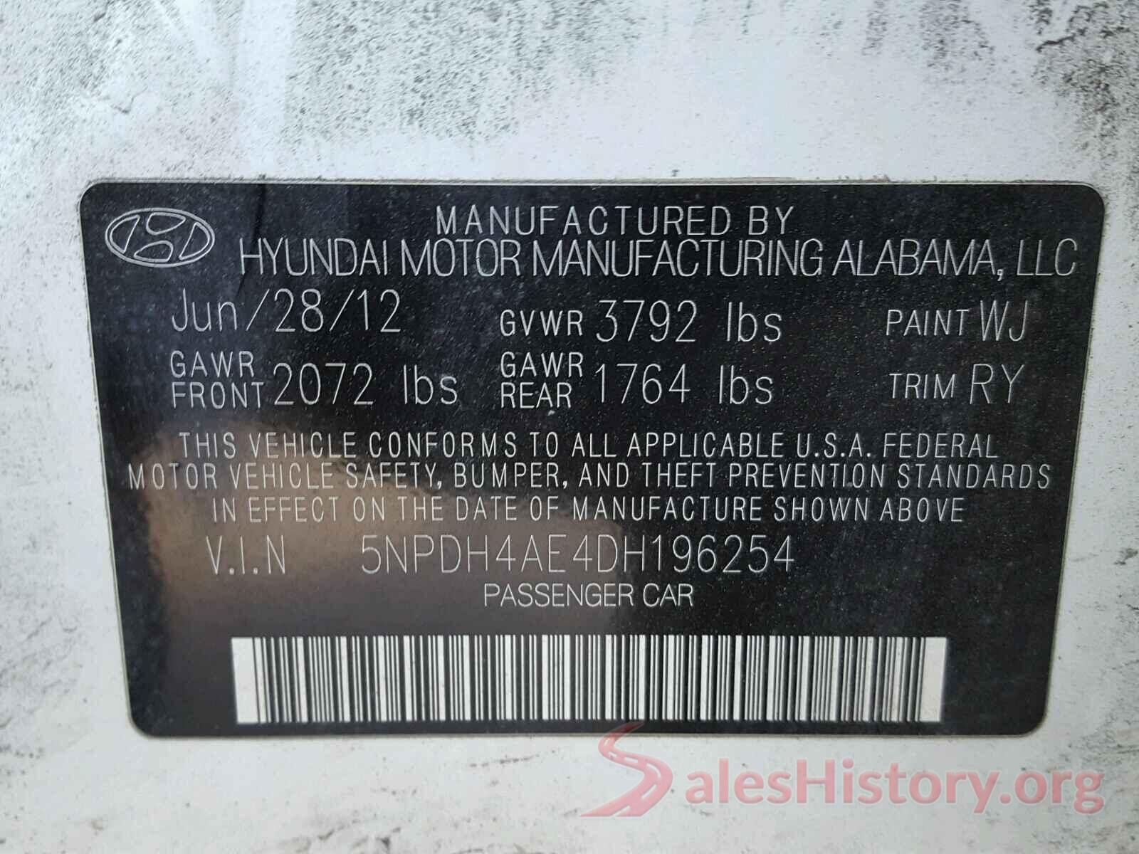 5NPDH4AE4DH196254 2013 HYUNDAI ELANTRA