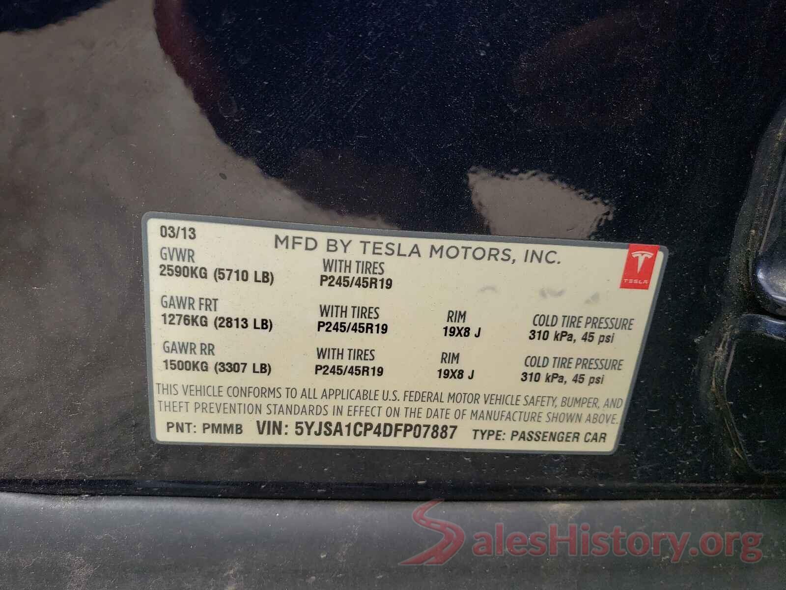 5YJSA1CP4DFP07887 2013 TESLA MODEL S