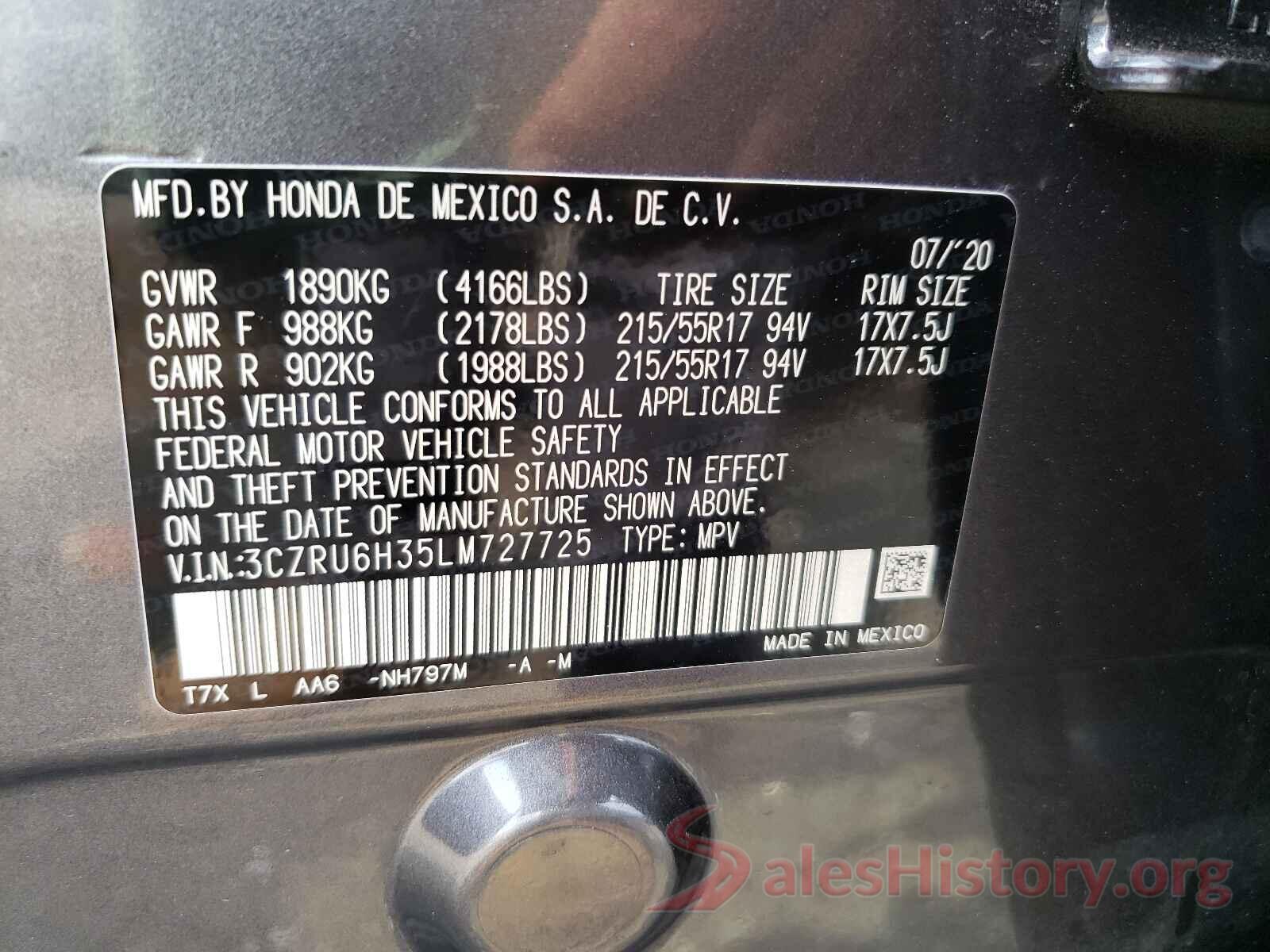 3CZRU6H35LM727725 2020 HONDA HR-V