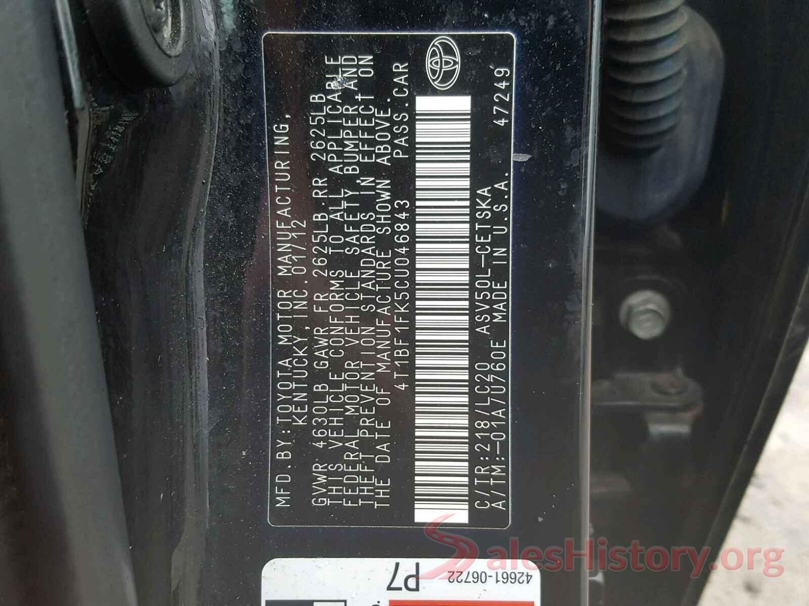 4T1BF1FK5CU046843 2012 TOYOTA CAMRY BASE