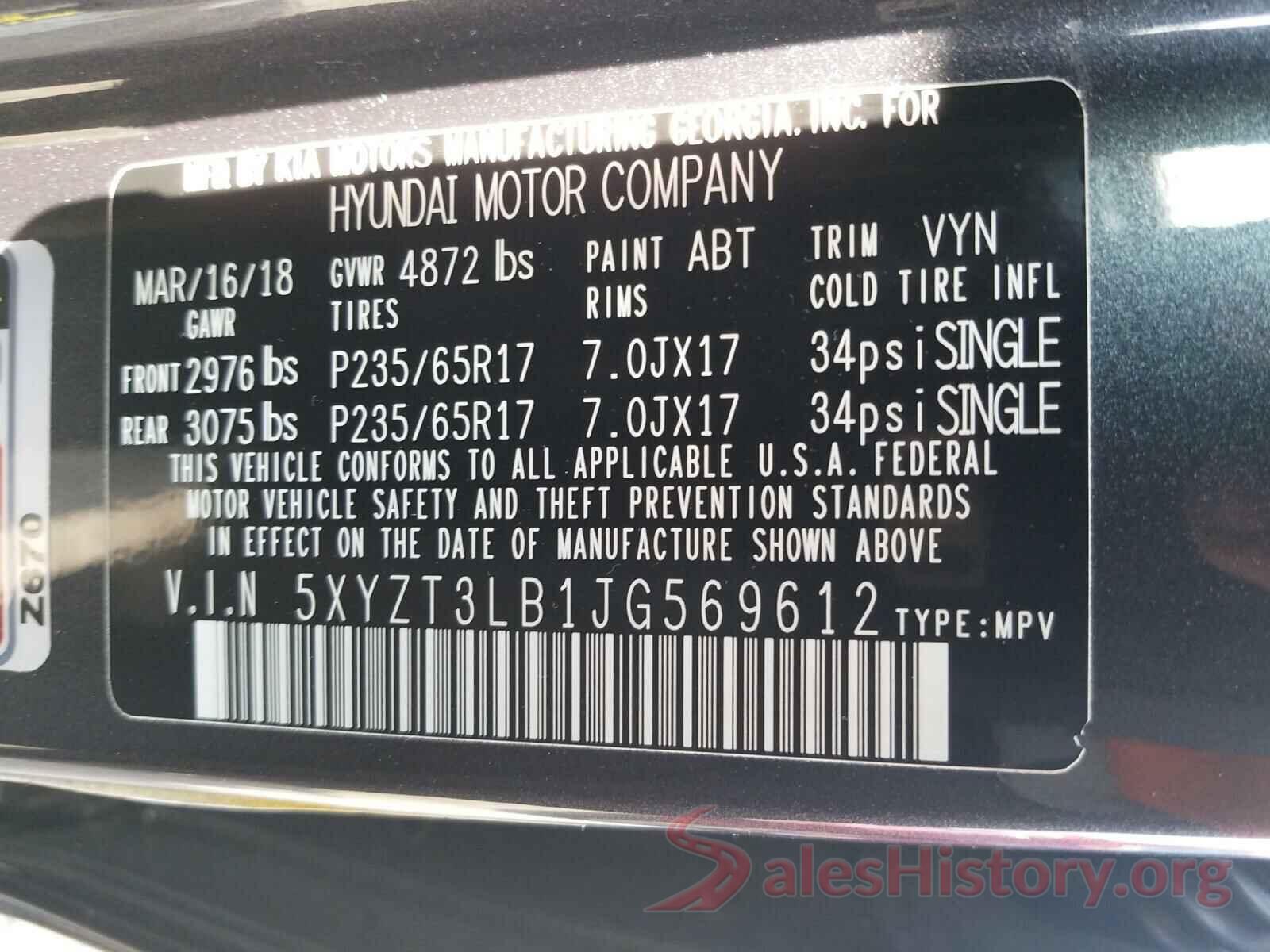 5XYZT3LB1JG569612 2018 HYUNDAI SANTA FE