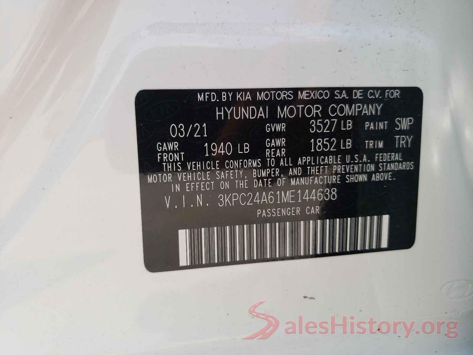 3KPC24A61ME144638 2021 HYUNDAI ACCENT