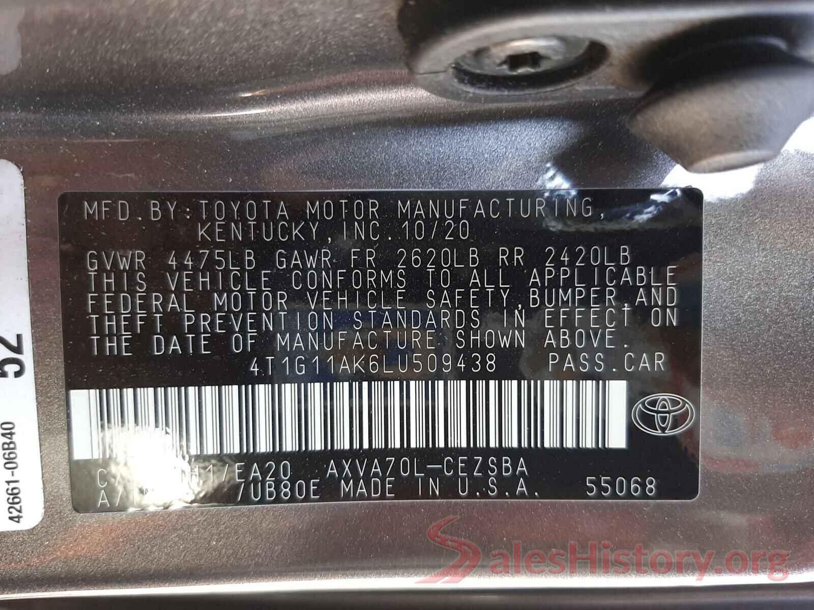 4T1G11AK6LU509438 2020 TOYOTA CAMRY