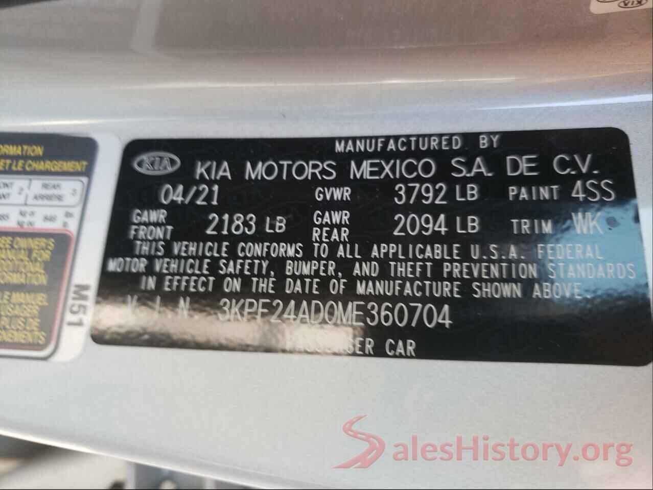 3KPF24AD0ME360704 2021 KIA FORTE