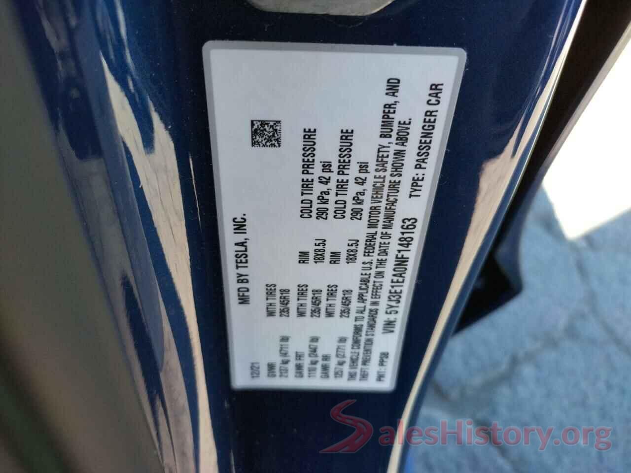 5YJ3E1EA0NF148163 2022 TESLA MODEL 3