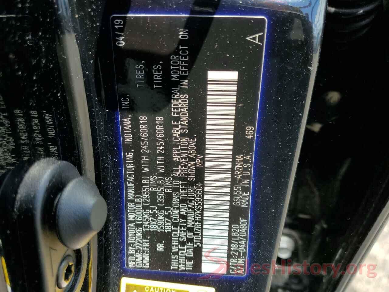 5TDJZRFH7KS595604 2019 TOYOTA HIGHLANDER