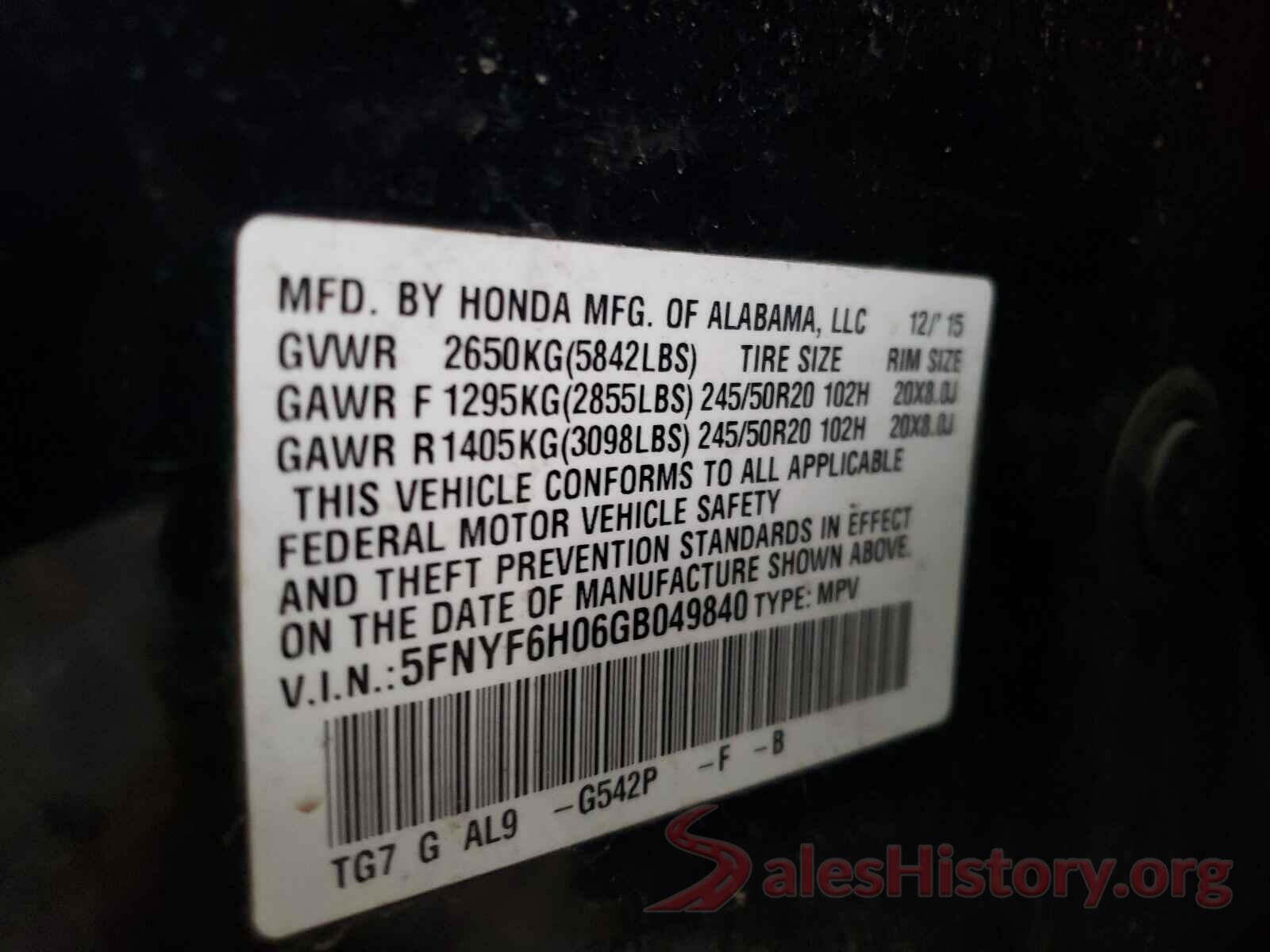 5FNYF6H06GB049840 2016 HONDA PILOT