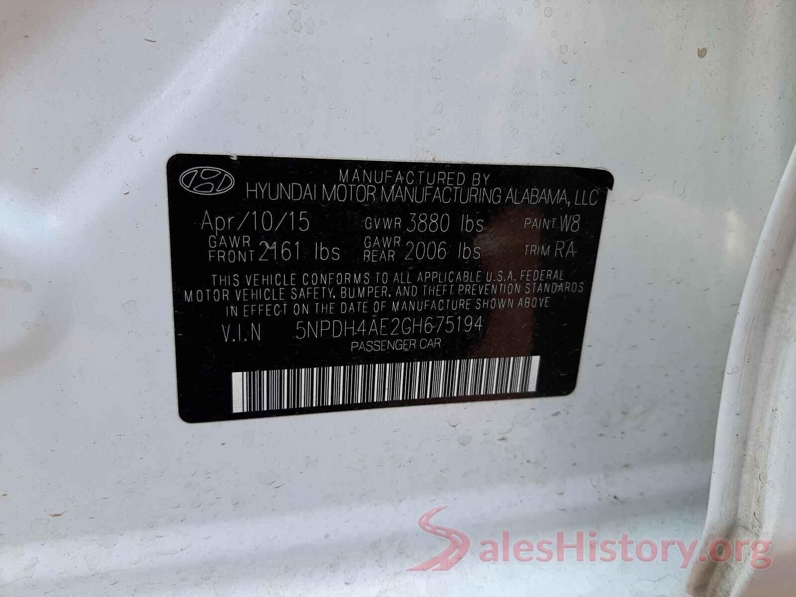 5NPDH4AE2GH675194 2016 HYUNDAI ELANTRA