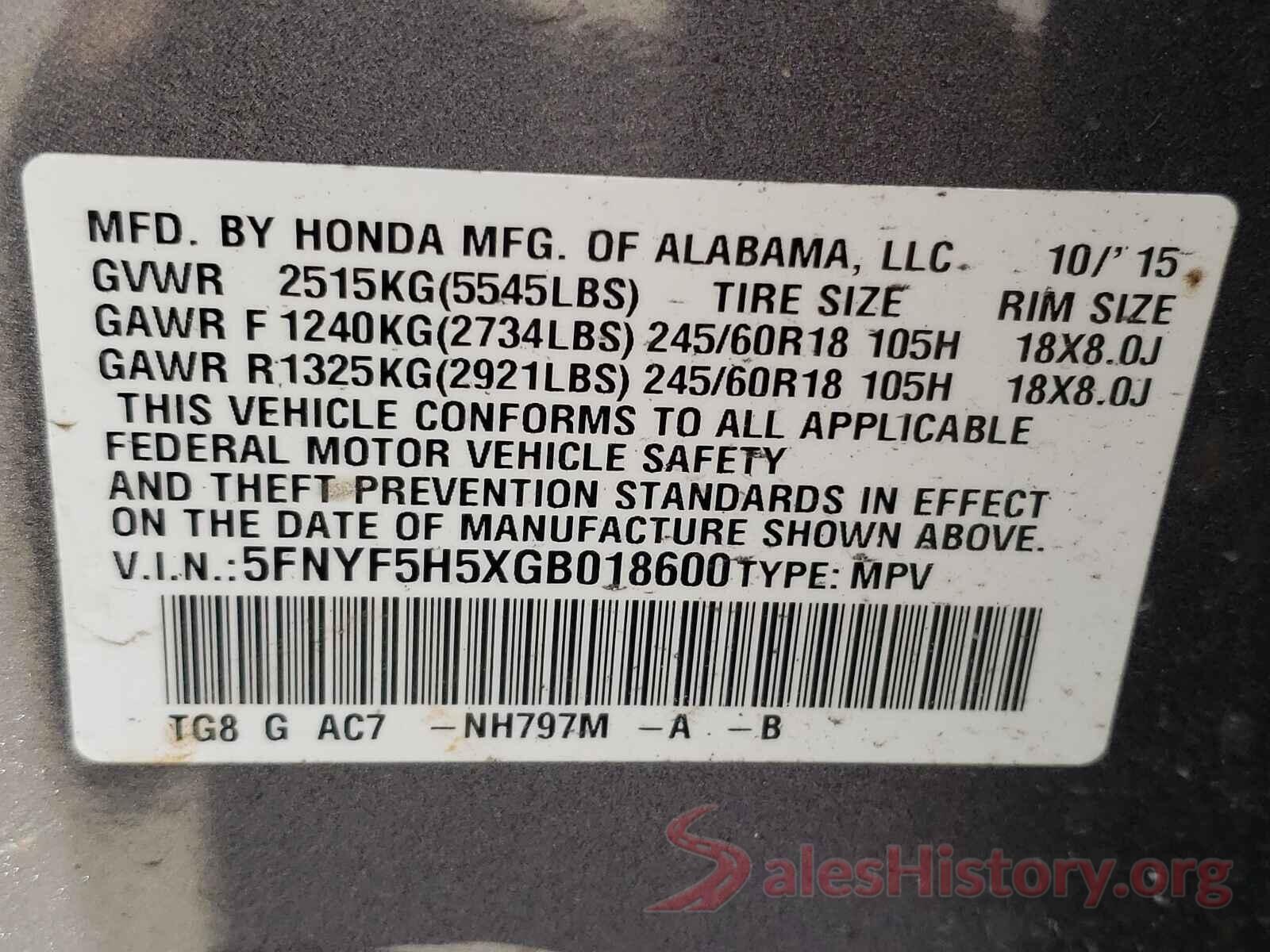 5FNYF5H5XGB018600 2016 HONDA PILOT