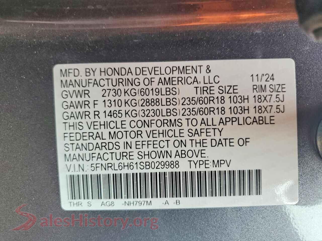 2025 HONDA ODYSSEY VIN 5FNRL6H61SB029988, damage close-up