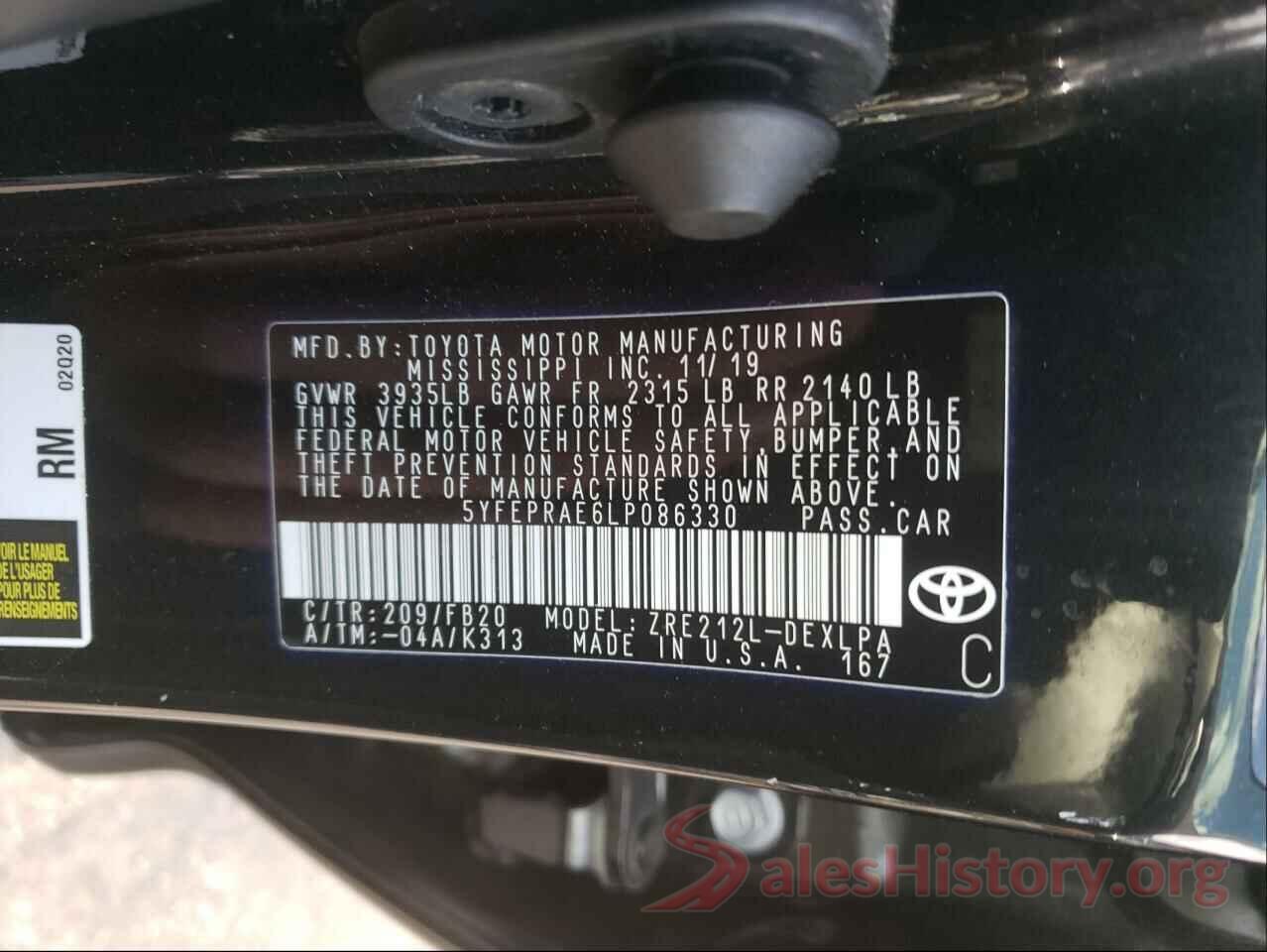 5YFEPRAE6LP086330 2020 TOYOTA COROLLA