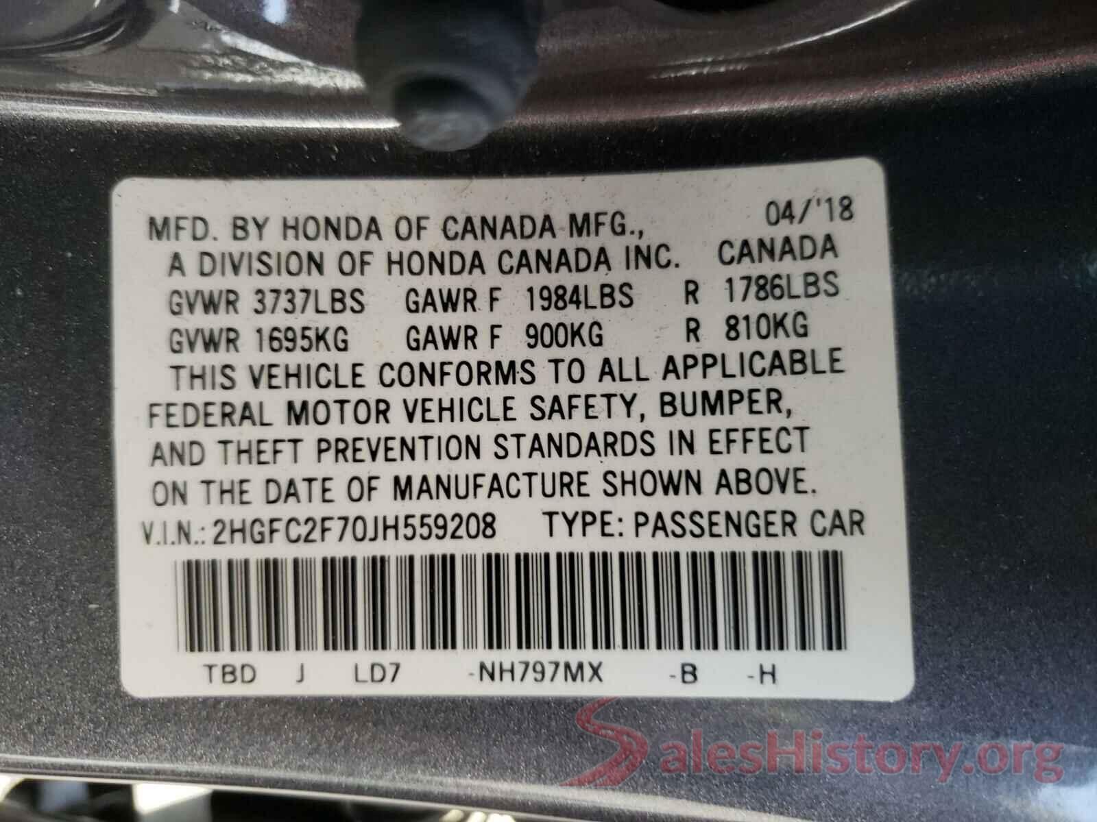 2HGFC2F70JH559208 2018 HONDA CIVIC