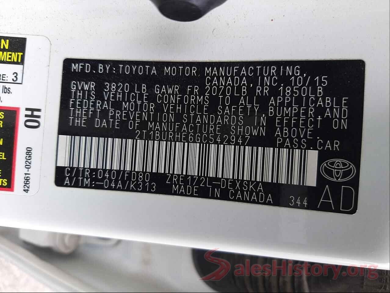 2T1BURHE6GC542947 2016 TOYOTA COROLLA