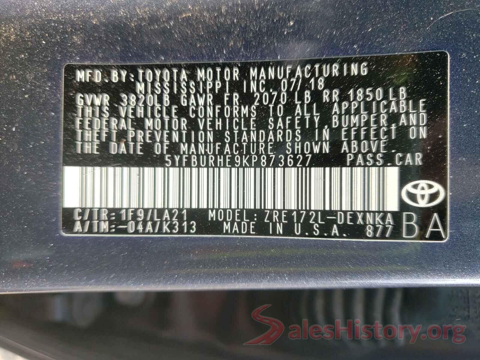 5YFBURHE9KP873627 2019 TOYOTA COROLLA