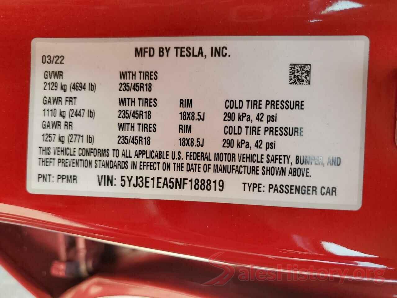 5YJ3E1EA5NF188819 2022 TESLA MODEL 3