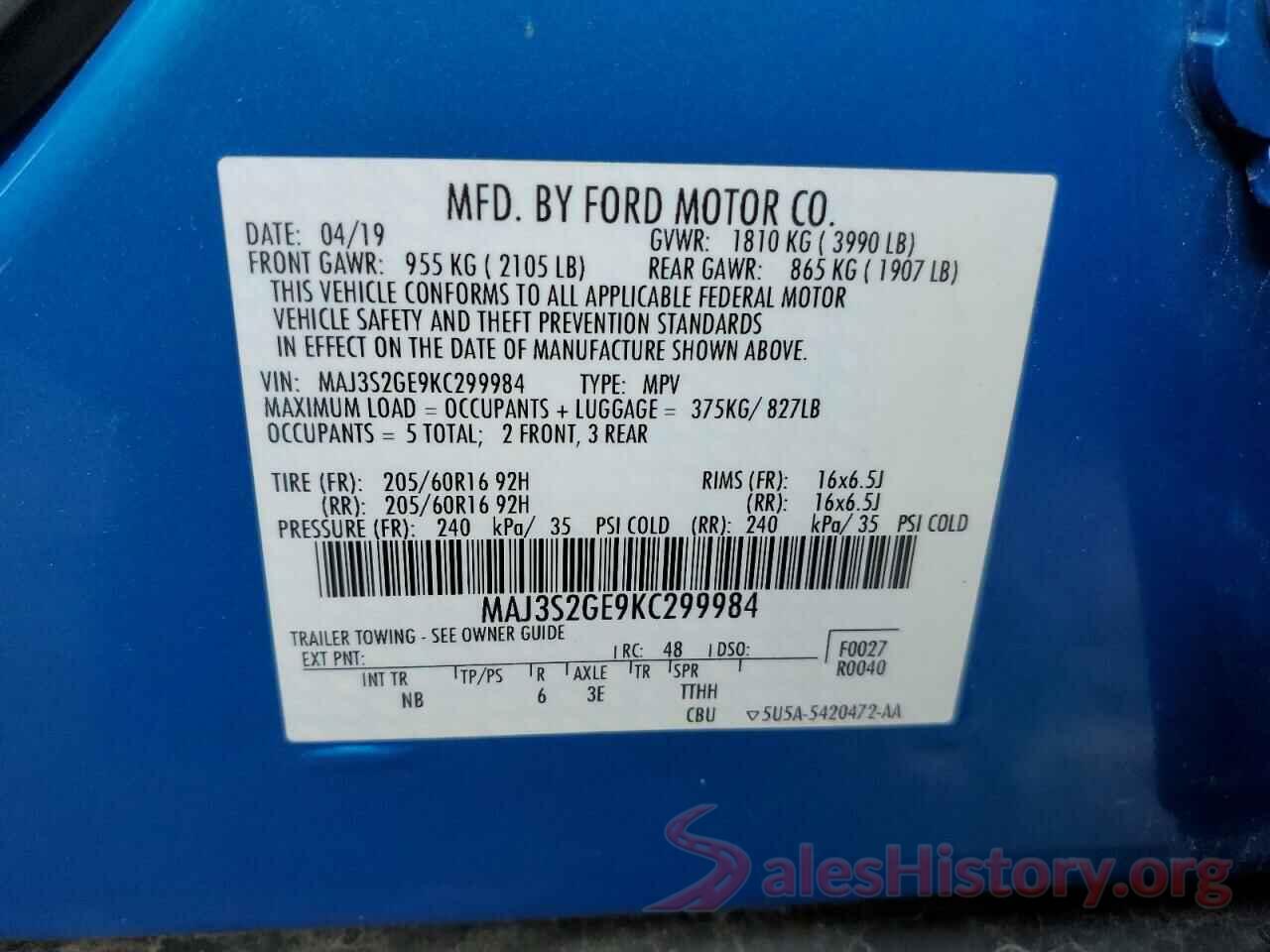 MAJ3S2GE9KC299984 2019 FORD ECOSPORT