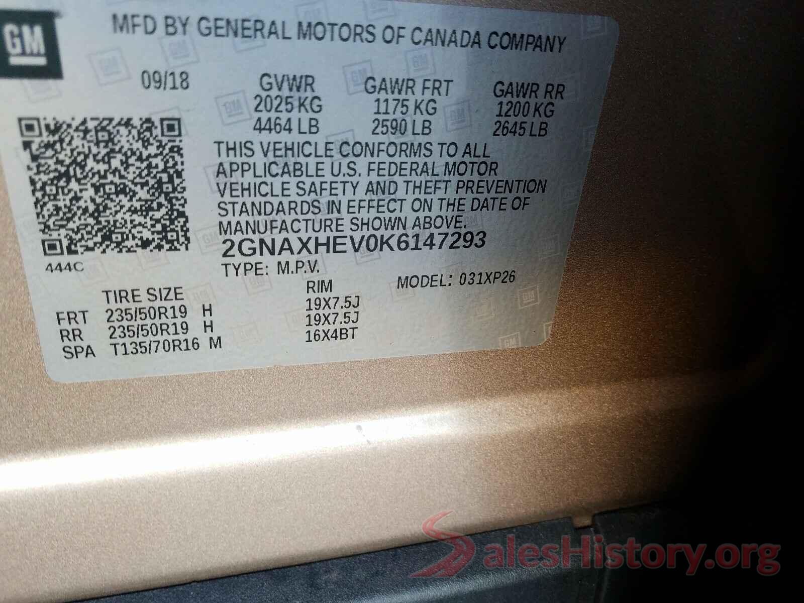 2GNAXHEV0K6147292 2019 CHEVROLET EQUINOX