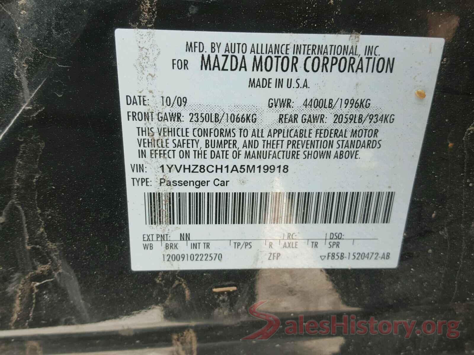 1YVHZ8CH1A5M19918 2010 MAZDA 6