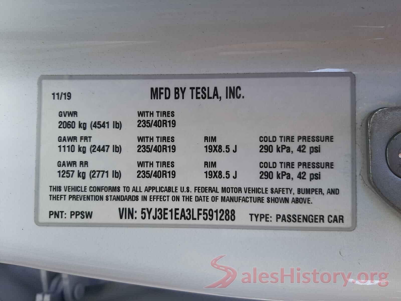 5YJ3E1EA3LF591288 2020 TESLA MODEL 3