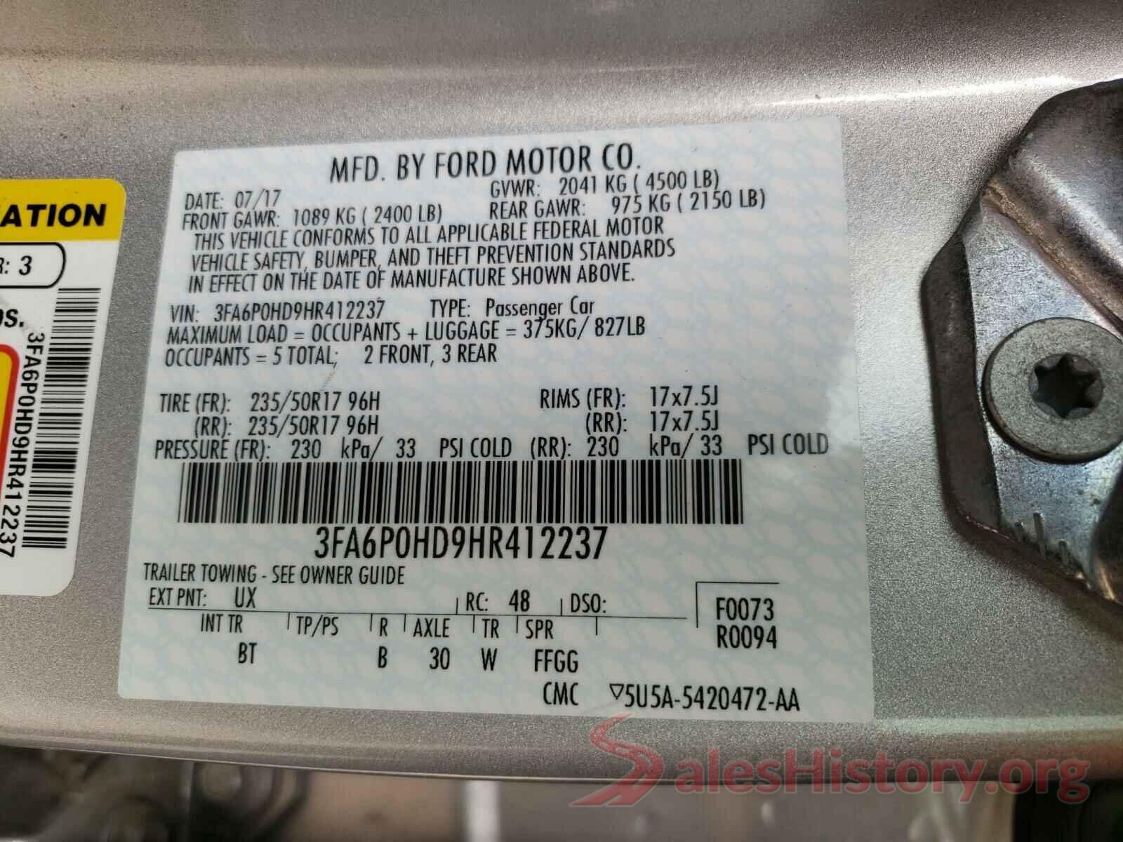 3FA6P0HD9HR412237 2017 FORD FUSION