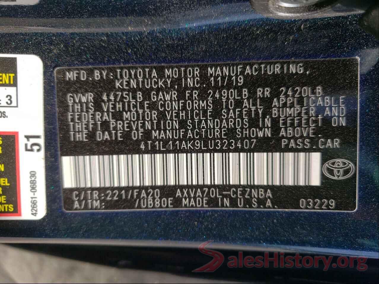 4T1L11AK9LU323407 2020 TOYOTA CAMRY