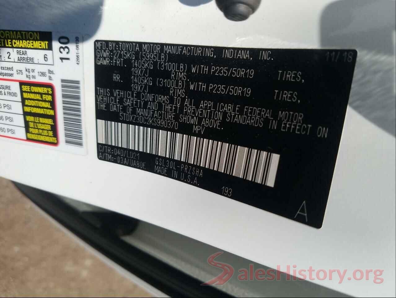 5TDXZ3DC2KS990370 2019 TOYOTA SIENNA