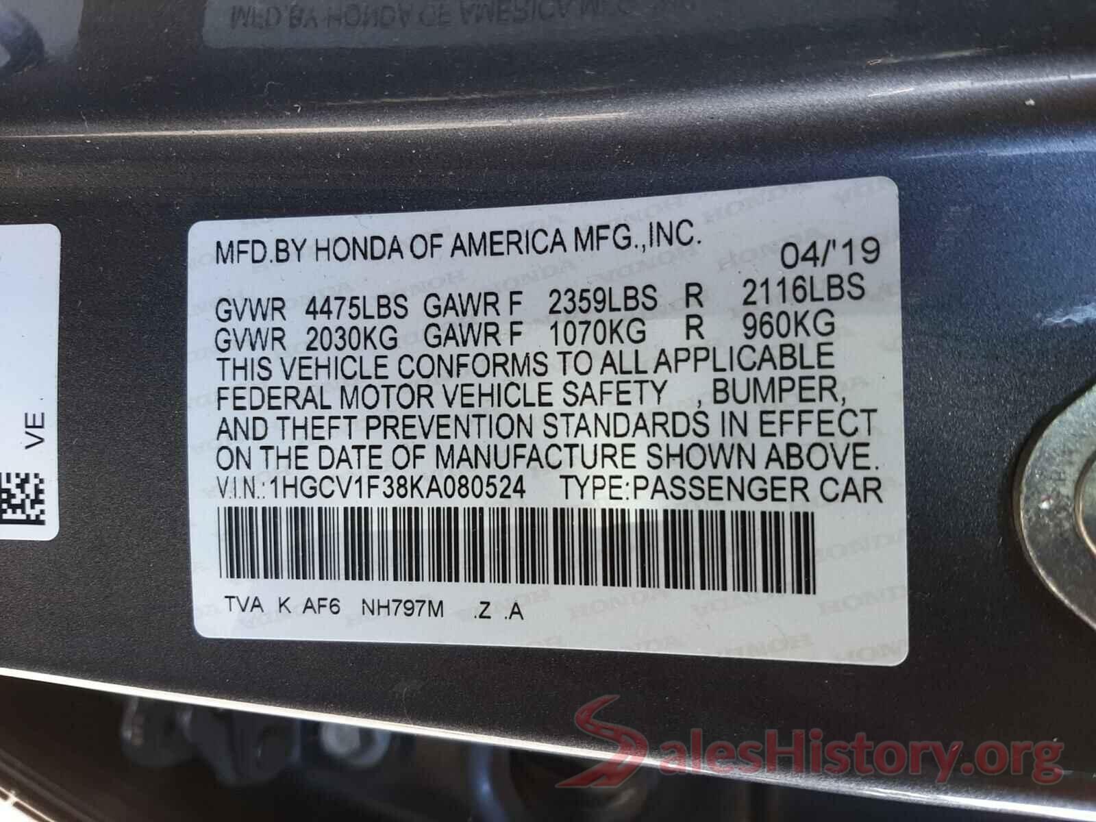 1HGCV1F38KA080524 2019 HONDA ACCORD