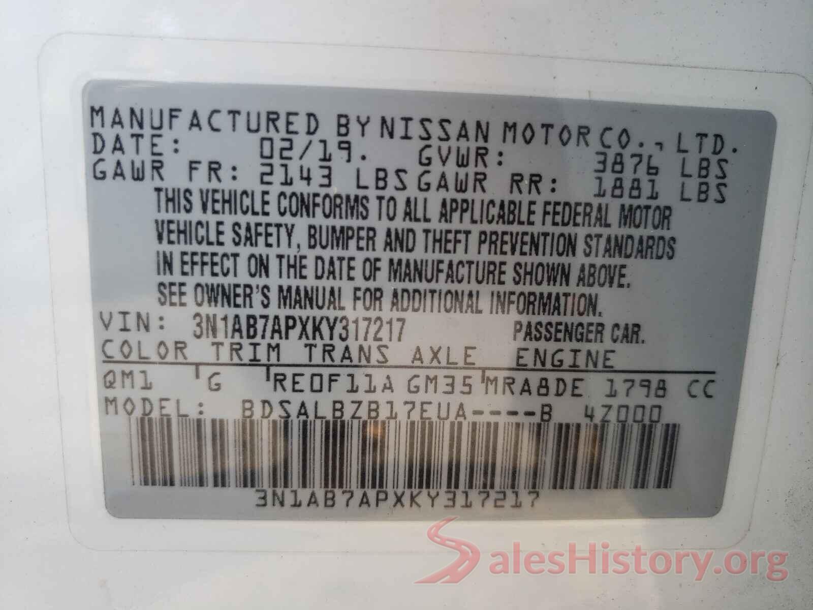 3N1AB7APXKY317217 2019 NISSAN SENTRA